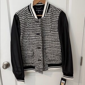 Karl Lagerfeld Black and White Tweed Varsity Jacket